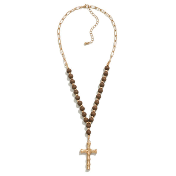 Bamboo Cross Brown Wood Bead Necklace