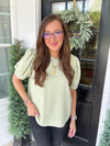 Sage Short Puff Sleeves Textured Top