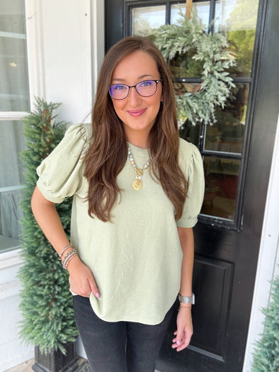 Sage Short Puff Sleeves Textured Top