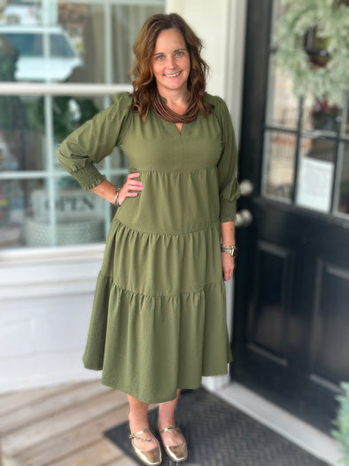 Olive Textured Tiered Midi Dress