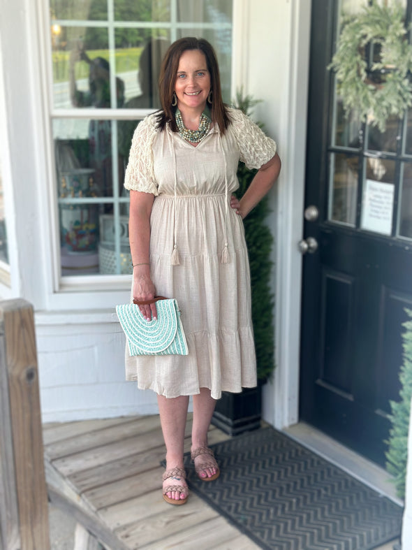 Oatmeal Linen Puff Sleeve Midi Dress