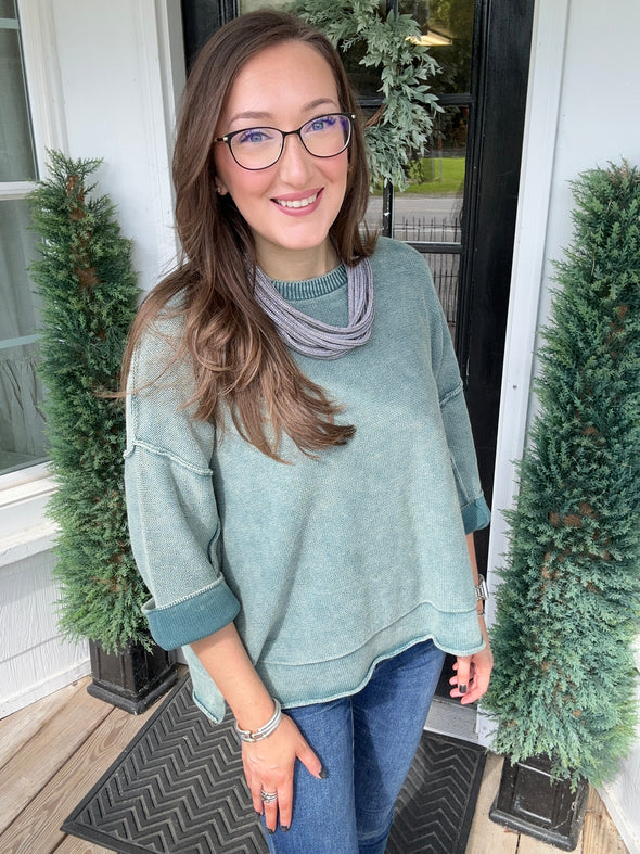 Ash Jade Washed 3/4 Sleeve Boxy Sweater