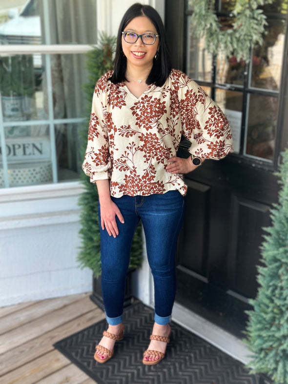 Caramel Cherry Blossom Scalloped Hem Blouse