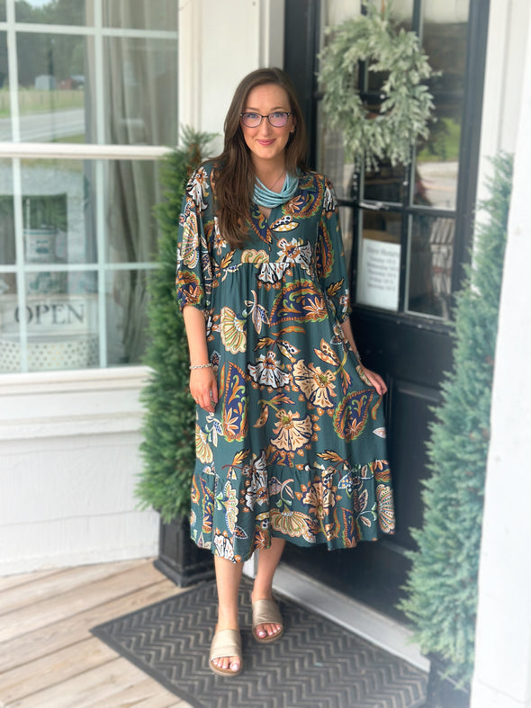 Teal Boho Paisley Tiered Midi Dress