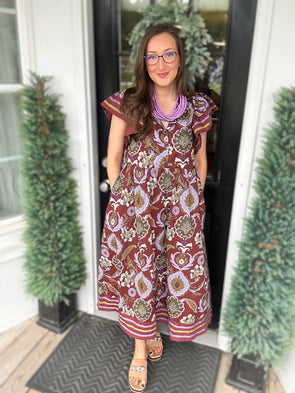 Red Bean Floral Print Midi Dress w/ Pockets