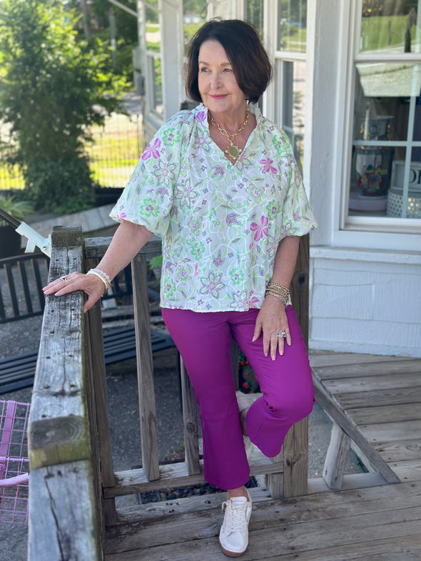 Green and Purple Floral Puff Sleeve Top