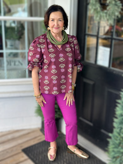 Burgundy Floral Puff Sleeve Top
