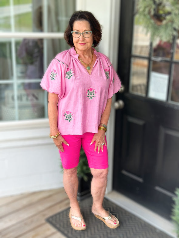 Rose Floral Embroidered Puff Sleeve Top