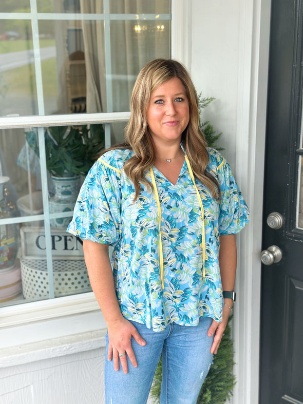 Blue and Yellow Puff Sleeve Floral Top (XS-L)