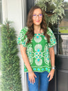 Green and Turquoise Geo Print Top