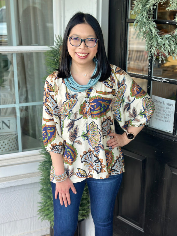 Cream Boho Paisley Puff Sleeve Blouse