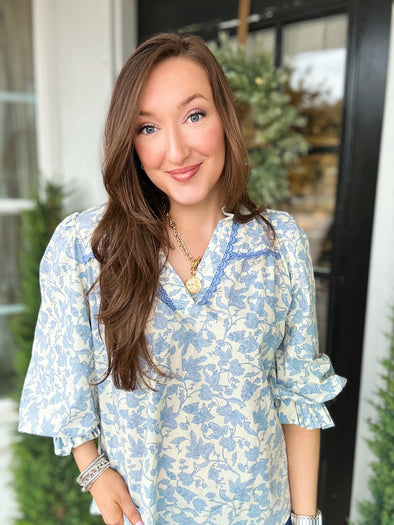 Baby Blue Floral Puff Sleeve Top