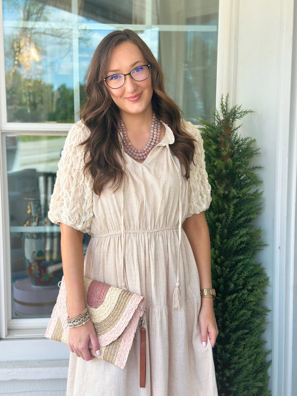 Oatmeal Linen Puff Sleeve Midi Dress