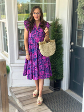 Pink and Navy Collared Midi Dress