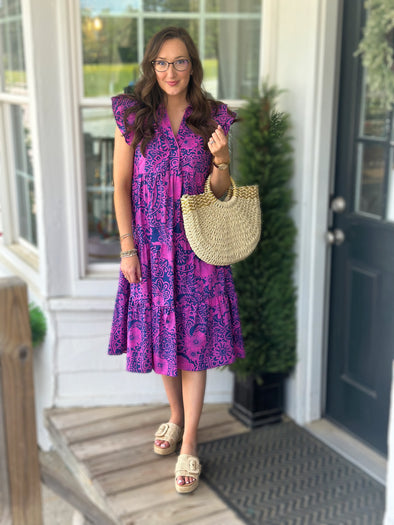 Pink and Navy Collared Midi Dress