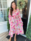 Hot Pink Ruffle Long Sleeve Smock Waist Midi Dress