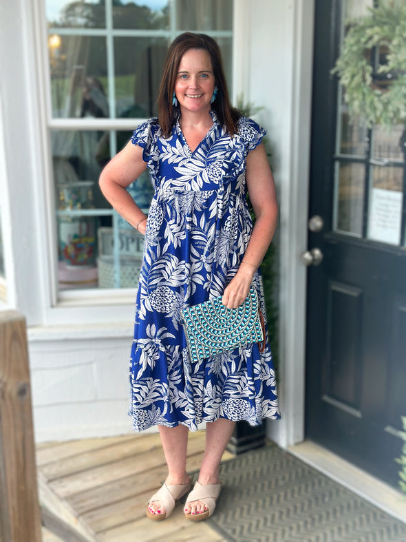 Blue Tropical Ruffle Maxi Dress (XS-L)