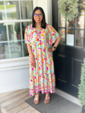 Pink Boho Swirl Midi Dress