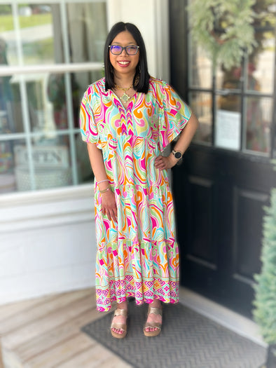 Pink Boho Swirl Midi Dress