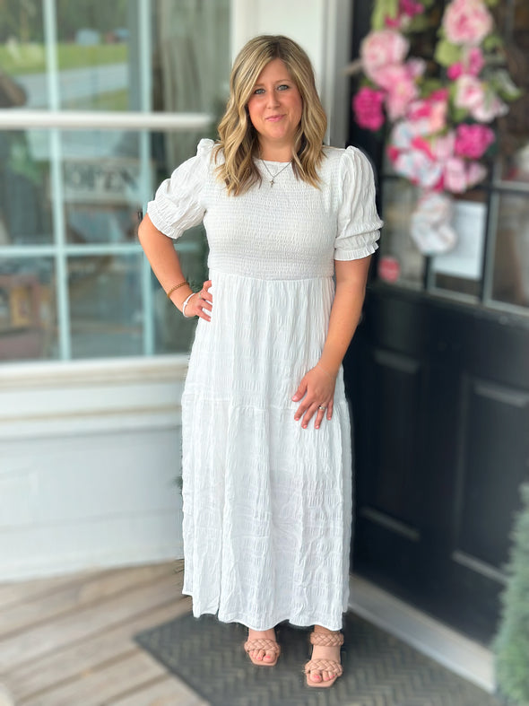 White Textured Puff Sleeve Midi Dress Grace At Home Treasures White Textured Puff Sleeve Midi Dress Grace At Home Treasures