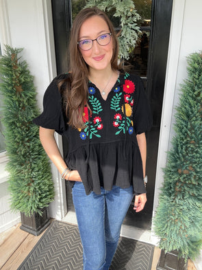 Black Embroidered BabyDoll Top