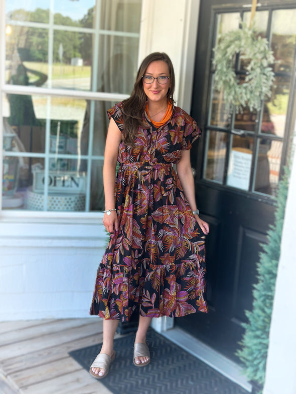 Black Floral Printed Ruffle Sleeve Midi