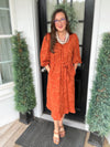 Rust Jacquard Midi Dress with Waist Tie