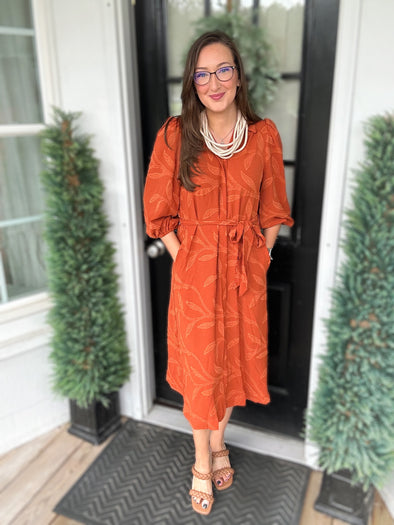 Rust Jacquard Midi Dress with Waist Tie