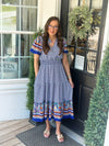 Navy and Blue Smocked Waist Midi Dress w/ Pockets