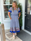 Navy and Blue Smocked Waist Midi Dress w/ Pockets