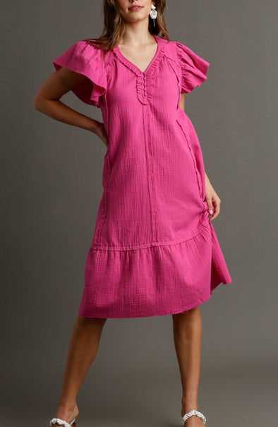 Hot Pink Cotton Midi Dress