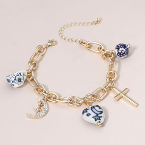 Blue and White Ceramic Charm Station Bracelet