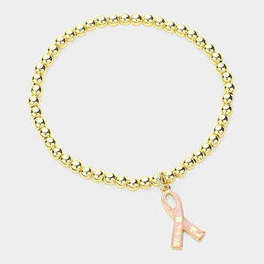 Pink Ribbon Charm Beaded Stretch Bracelet