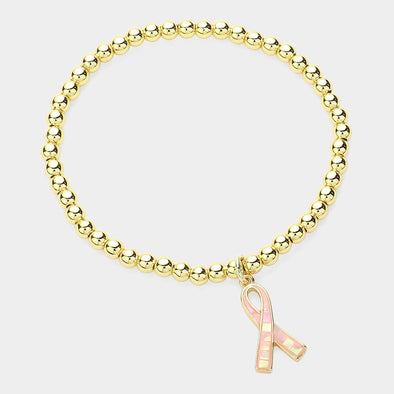 Pink Ribbon Charm Beaded Stretch Bracelet