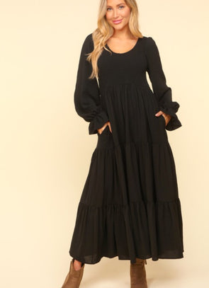 V-Neck Smock Bubble Sleeve Maxi Dress (Black)