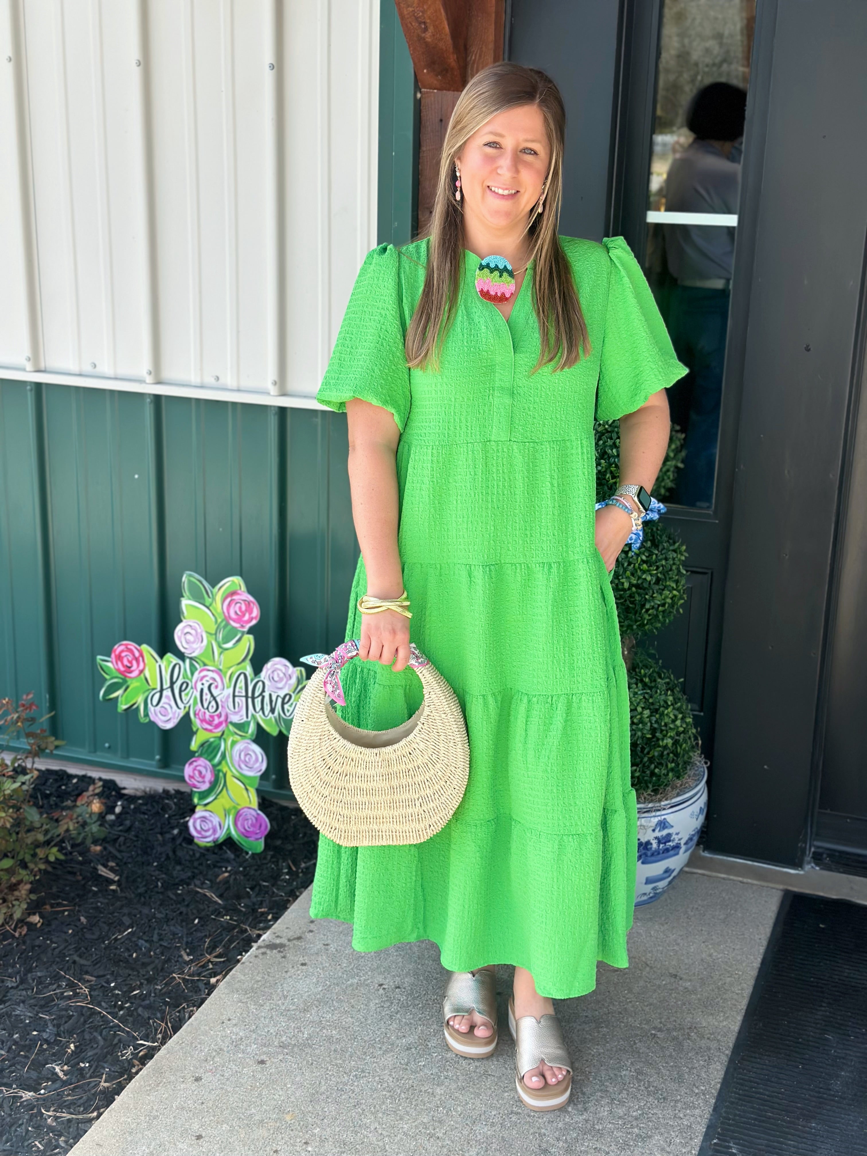 Green Seersucker Kinsley Dress (Mary Square)