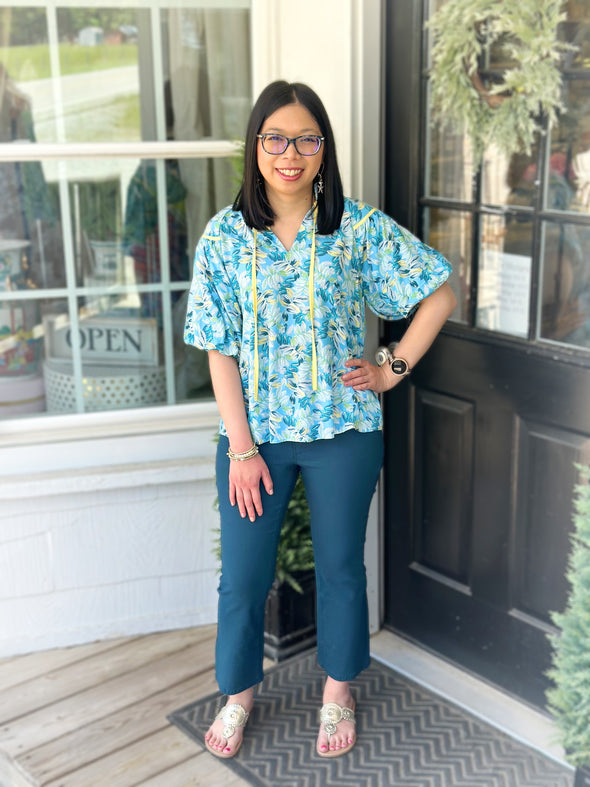 Blue and Yellow Puff Sleeve Floral Top (XS-L)