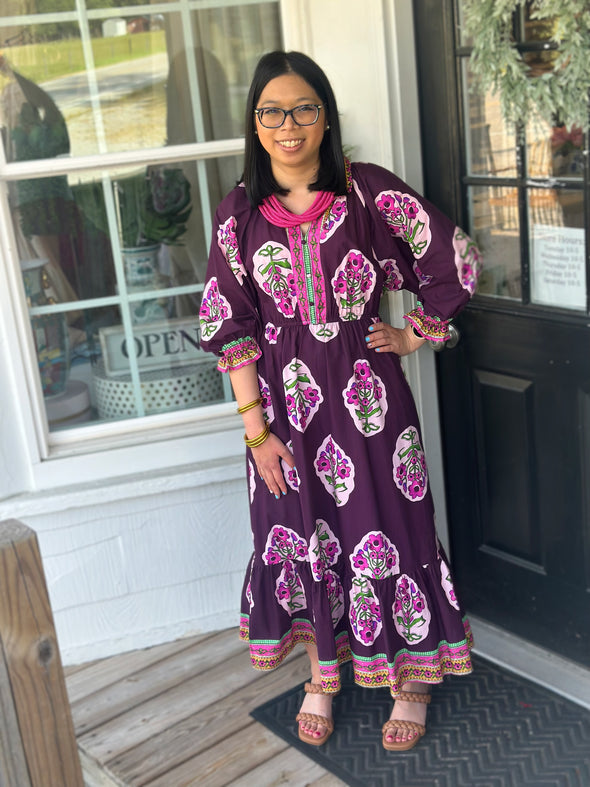 Plum Mix Flower Patch Boarder Print V-Neck Midi Dress
