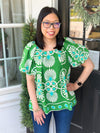 Green and Turquoise Geo Print Top