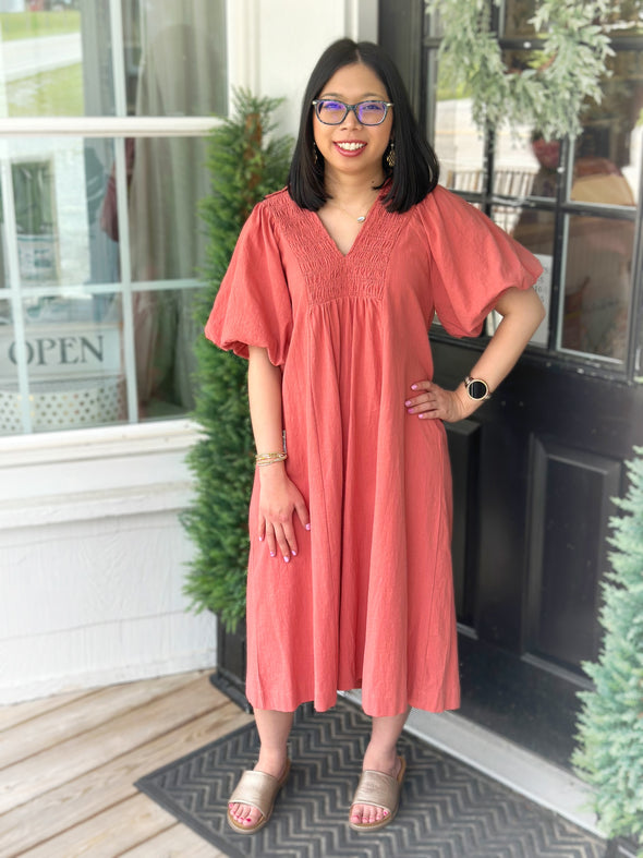Rose Clay Smocked Front Midi Dress