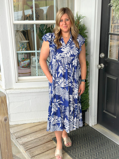 Blue Tropical Ruffle Maxi Dress (XS-L)