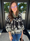 Black Tribal Print V-Neck Top