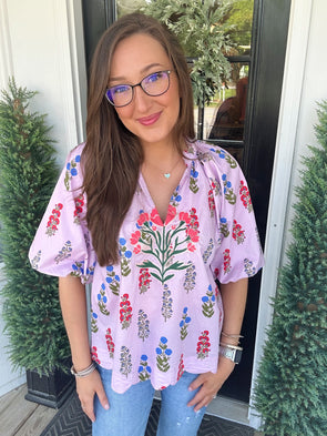 Lilac Floral Puff Sleeve Top w/ Scallop Hem