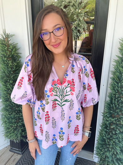 Lilac Floral Puff Sleeve Top w/ Scallop Hem