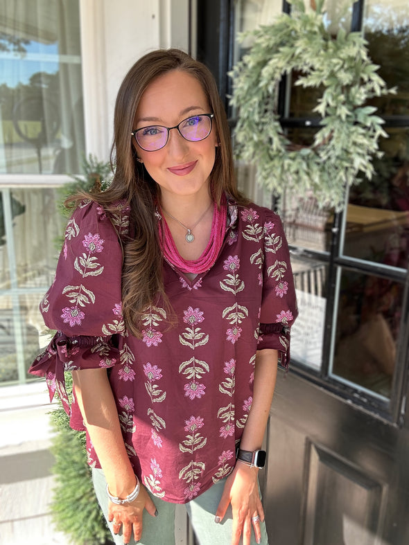 Burgundy Floral Puff Sleeve Top