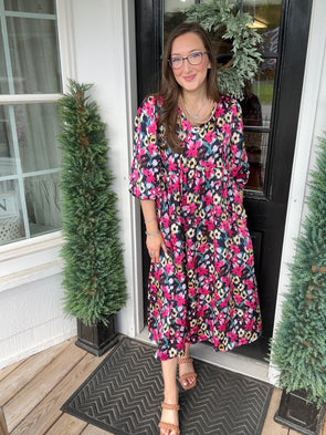Navy Satin Floral Midi Dress