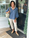 Steel Blue V Neck Top with Balloon Sleeves