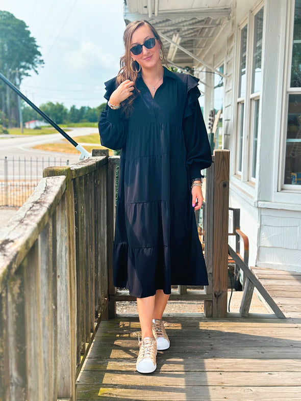 Black Ruffle Shoulder Long Sleeve Maxi Dress (S-2X) Grace At Home Treasures Black Ruffle Shoulder Long Sleeve Maxi Dress (S-2X) Grace At Home Treasures