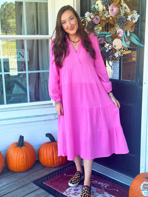 Long Sleeve Bubble Gum Collared Maxi Dress