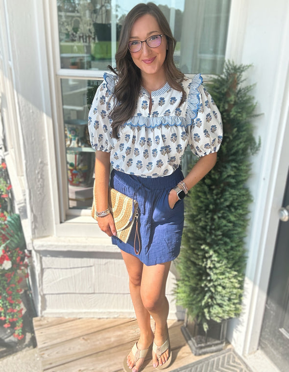 Blue Mix Floral Puff Sleeve Top